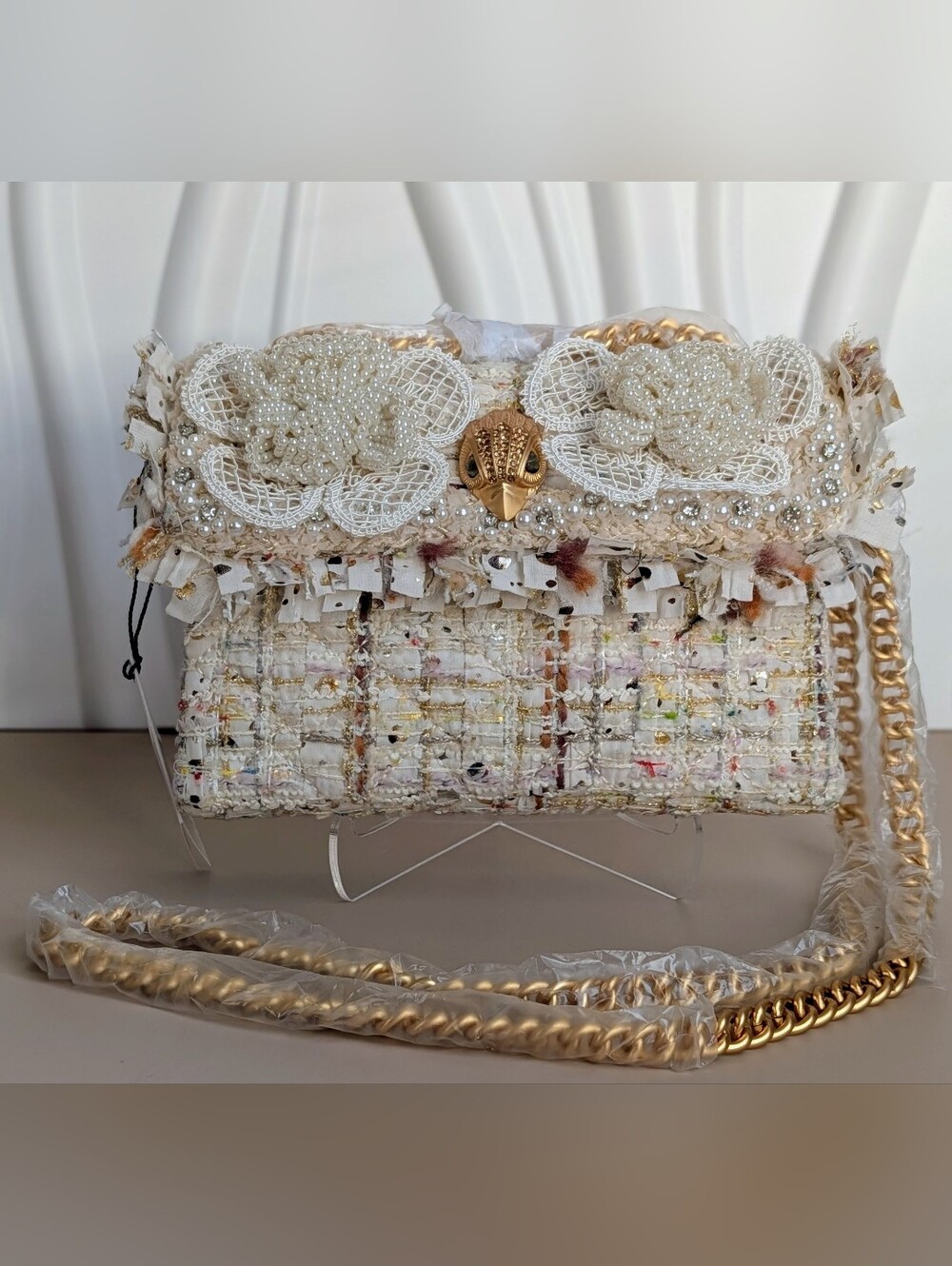Kurt Geiger Cream Tweed Crossbody Bag with Gold Chain and Pearl Detail
